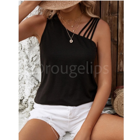 Strappy Black Tank Top Asymmetric Neck Stretchy - Picture 6 of 7
